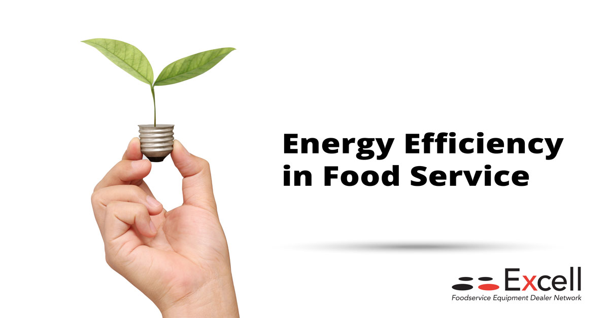 Hand holding a lightbulb with a leaf sprouting from it, headline energy efficiency in foodservice